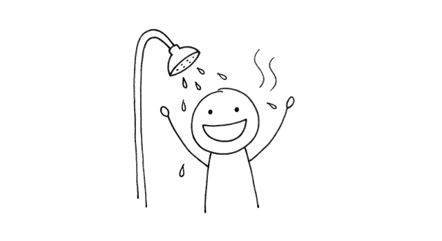 Happy person taking a hot shower